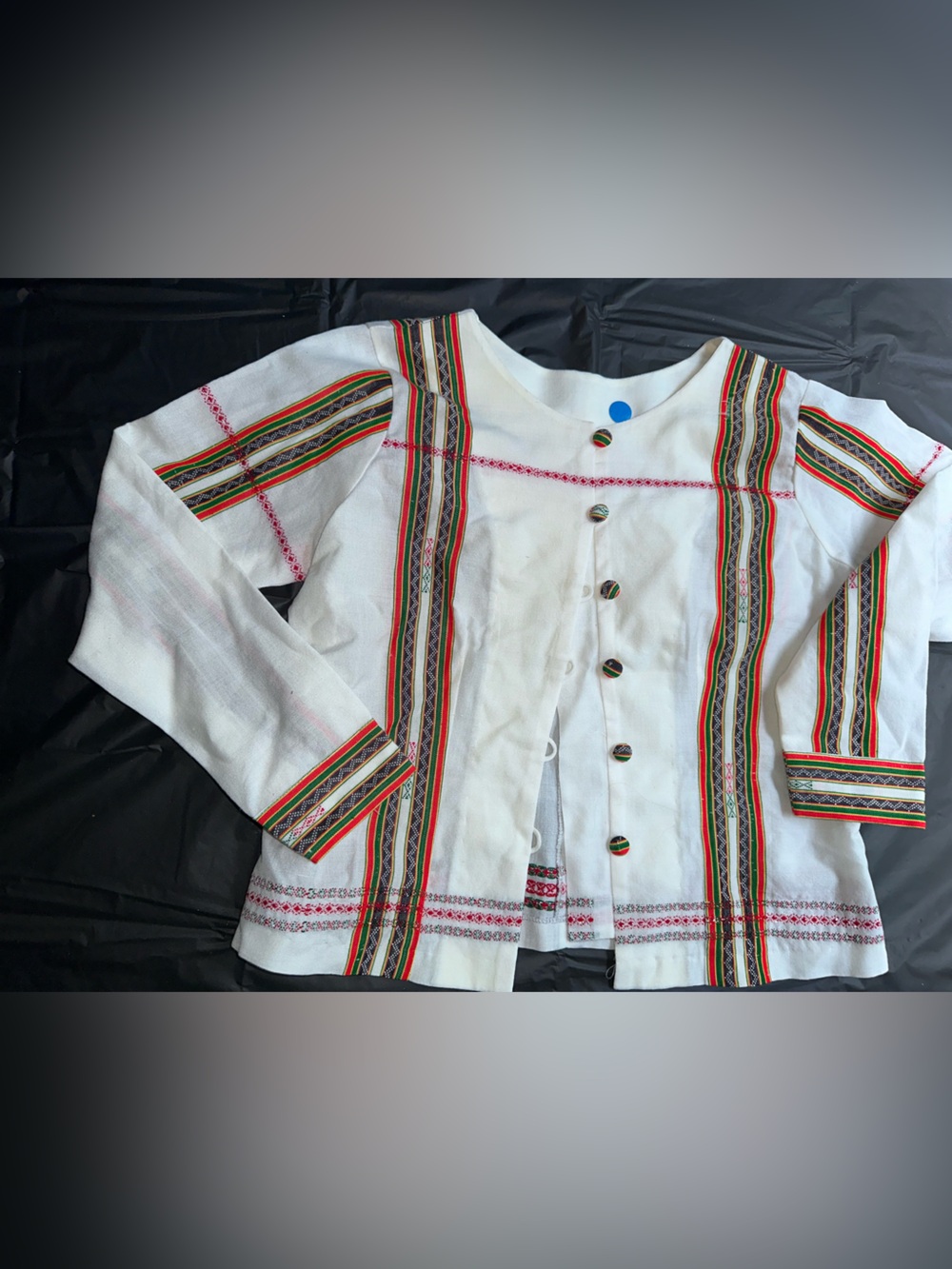 Handmade White Button-Front Embroidered Women's Shirt with Multicolor Trim